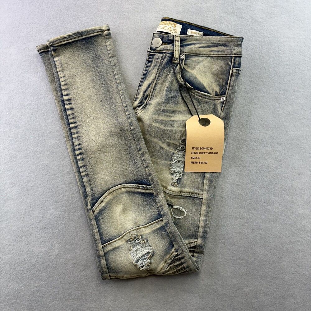 STREET JEANS Mens 30 Moto Distressed Dirty Vintage SKINNY Fit Retro Streetwear